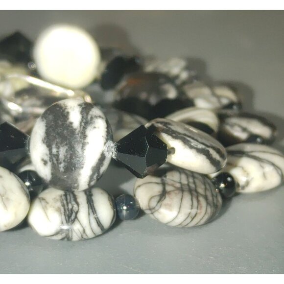 Spider Web Jasper Tourmaline Jewelry Set Black White Beaded Necklace Bracelet an - Picture 2 of 13